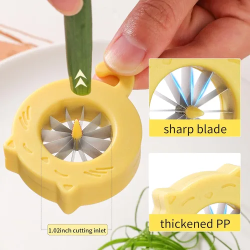 Vista 3 de Cortador de cebolla verde con forma de gato, 2 piezas de 12 cuchillas de acero inoxidable, cortador de cebolla verde de plástico de grado