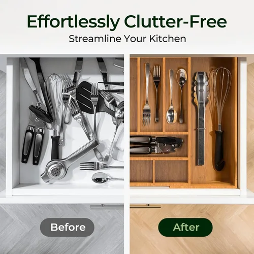 Vista 8 de keechee Organizador grande de bambú carbonizado para cajones de cocina, organizador de cubiertos expandible con 12 ranuras, soporte para utensilios