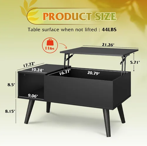Vista 3 de WLIVE Mesa de Centro para Sala de Estar, Mesa de Centro Pequeña con Almacenamiento, Mesa Central de Comedor de Madera Moderna con Tapa Elevable
