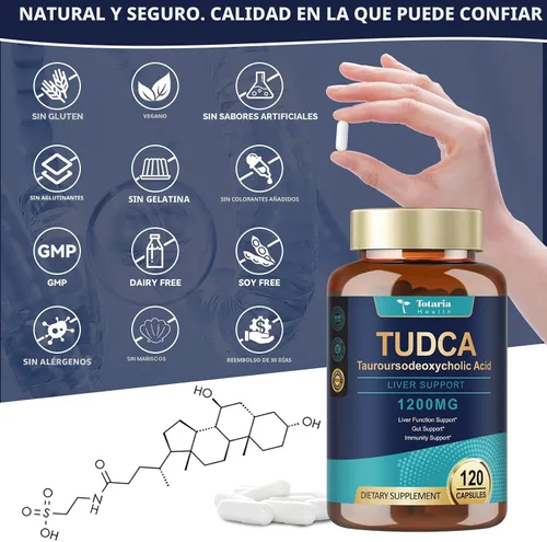Vista 4 de Totaria TUDCA - Sales biliares de 1200 mg (ácido tauroursodesoxicólico), 120 cápsulas, suplementos hepáticos TUDCA puros ultra fuertes, limpieza