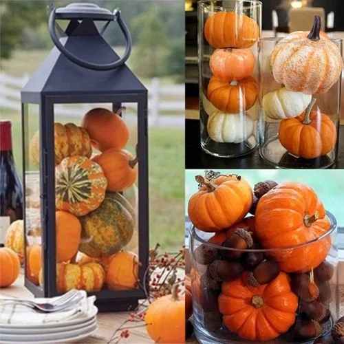 Vista 5 de 96 piezas de calabaza artificial de Halloween y calabaza hoja de arce, girasol, fruta roja, piña, bellota, cosecha, mezcla de calabaza falsa