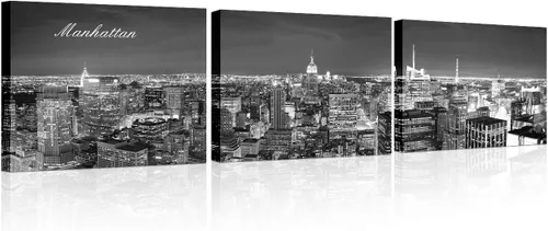 Vista 56 de TUMOVO 3 piezas de arte de pared en lienzo con diseño de horizonte de Atlanta, arte de pared panorámico de paisaje urbano en blanco y negro