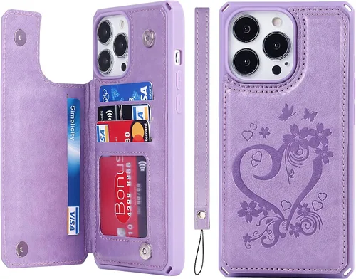 Vista 15 de iCoverCase Funda de billetera compatible con iPhone 13 Pro Max con tarjetero para mujer, cuero PU en relieve con bloqueo RFID y correa de muñeca