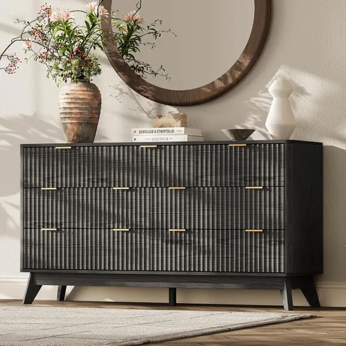 Vista 21 de Cómoda acanalada con 9 cajones de 63 pulgadas de ancho para dormitorio, borde curvado, roble Wooden Closet Organizer for Bedroom,Fluted Dresser with