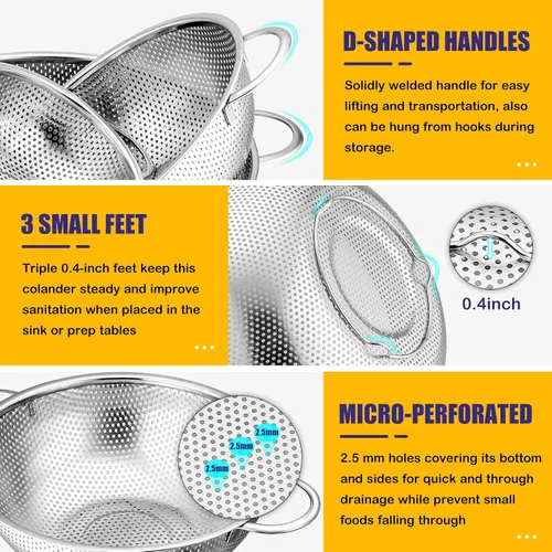 Vista 3 de E-far Juego de 3 coladores de acero inoxidable (1-3-5 cuartos de galón), colador de metal microperforado con mango para cocina/escurrimiento