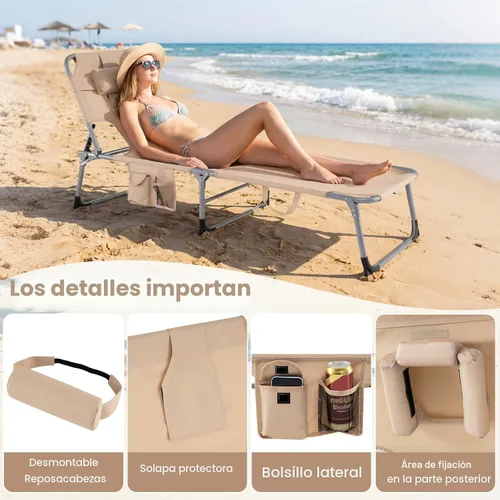 Vista 8 de COSTWAY Silla de salón plegable de playa, silla de bronceado con agujero para la cara, respaldo ajustable de 5 posiciones, almohada y bolsillo Beige