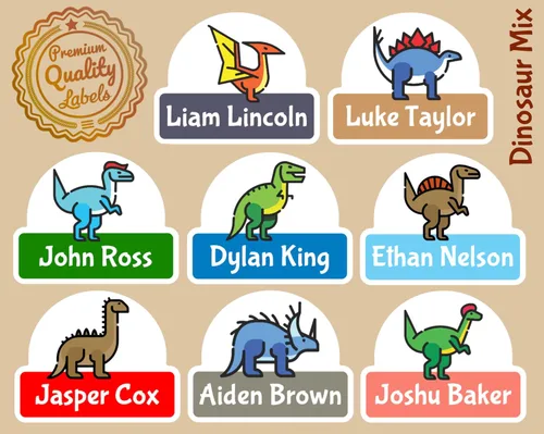 Vista 2 de Etiquetas lindas de nombre de dinosaurio personalizables 16 a 128 unidades, etiquetas perfectas para niños para guardería y suministros escolares