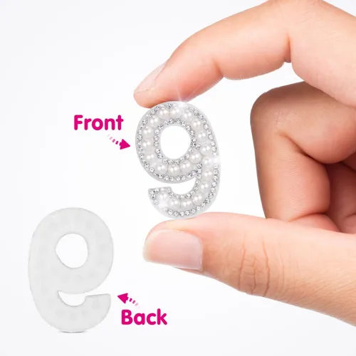 Vista 8 de EXCEART 10 parches de números para planchar del 0 al 9, apliques digitales de diamantes de imitación de perlas para decoración de ropa de bricolaje