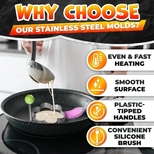 Vista 3 de Juego de moldes para panqueques de 5 piezas, acero inoxidable, asas plegables Pancake Molds for Griddle, 5 Shapes for Eggs, Omelets, Hash Browns &