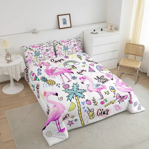 Vista 3 de Erosebridal Juego de ropa de cama de flamenco rosa para niñas y mujeres, lindo juego de edredón de flamenco de animales, tamaño individual