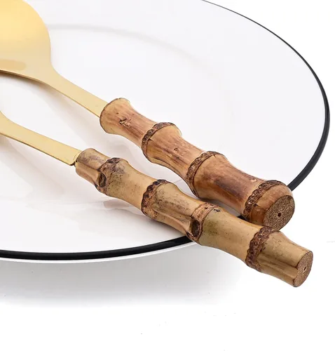 Vista 5 de Juego de 4 utensilios para servir con mango de bambú, acero inoxidable 304, cuchara larga Hanlde para cocina, bufé, banquete, boda, fiesta, cocina