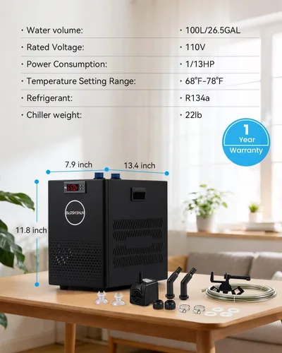 Vista 8 de BAOSHISHAN 1/13 HP Enfriador de acuario 26 galones 100L sistema de refrigeración por agua Quiet Compressor Refrigeration, Precise Cooling Aquarium