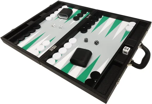 Vista 3 de Juego de Backgammon Premium de 19 pulgadas, tamaño grande, tablero negro, puntos blancos y verdes