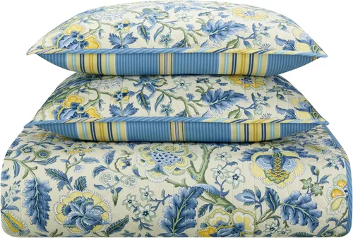Vista 4 de Waverly Imperial Dress - Juego de colcha reversible de 4 piezas con diseño floral jacobeo, suave, para todas las estaciones, tamaño Porcelana