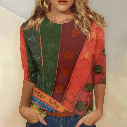 Vista 3 de Sudadera de manga 34 con estampado étnico para mujer, casual, ajuste holgado, cuello redondo