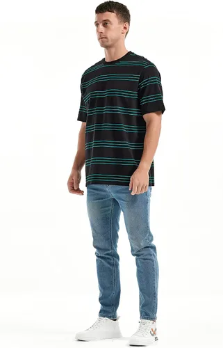 Vista 4 de KLIEGOU Camiseta a rayas con cuello redondo y ajuste holgado para hombre