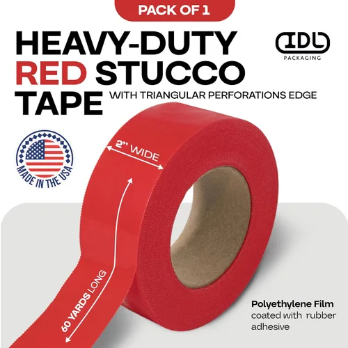 Vista 2 de IDL Packaging Cinta de estuco roja de 2 pulgadas x 60 yardas, 1 rollo, resistente – 60 días de larga duración – Se quita sin dejar rastro