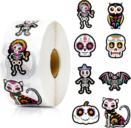 Vista 24 de BeYumi Calcomanías en rollo de calavera de azúcar, 1000 unidades, calcomanías del Día de los Muertos en 2 rollos Dia de Los Muertos Calavera