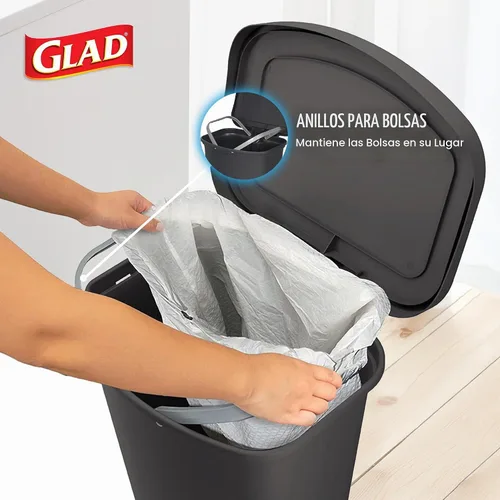 Vista 5 de Glad Paquete de 2 botes de basura de 13 galones, cubos de basura de plástico para cocina con protección contra olores de tapa, manos libres con Gris