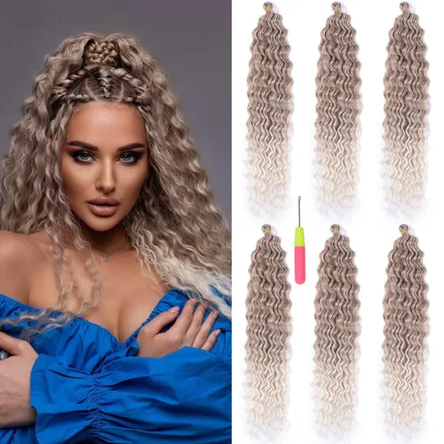 Vista 20 de Extensiones de cabello ondulado con ganchillo Ocean Wave de 18 pulgadas, 6 paquetes, extensiones de cabello de ganchillo sueltas de onda profunda #1B