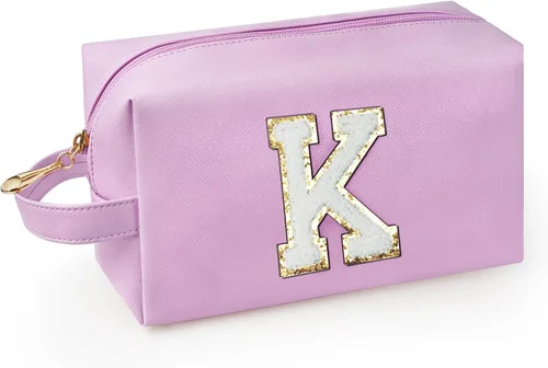 Vista 36 de Bolsa de maquillaje personalizada con inicial con asa, bolsa de cosméticos de preparación con bolsillo interior con cremallera, 8, 9, 10, 11, 12 Rosa