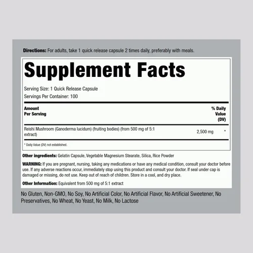 Vista 2 de Piping Rock Cápsulas de hongos Reishi 100 píldoras Suplemento de extracto de hierbas estandarizado con Ganoderma Lucidum Sin OMG, sin gluten