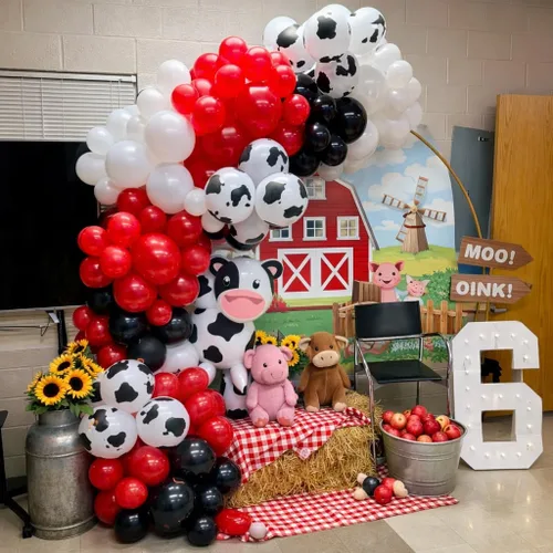 Vista 5 de Kit de arco de globos de vaquero, 150 globos con estampado de vaca, color rojo, negro, blanco y vaca, para decoración de fiesta de cumpleaños