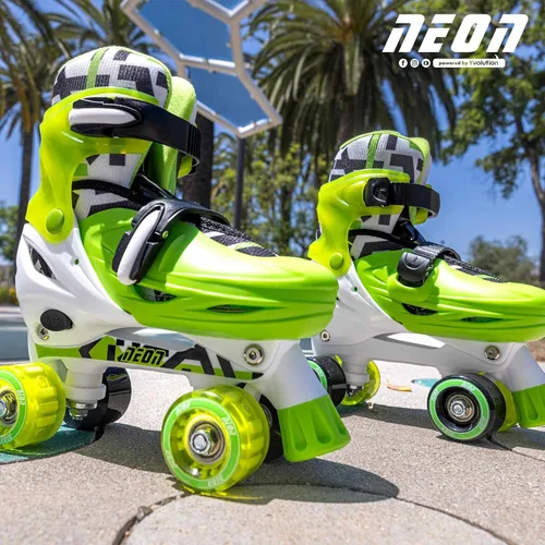 Vista 8 de Yvolution Patines combinados de neón, patines 2-1 cuádruple y en línea para niños con ruedas LED, tamaño ajustable (verde, 12-2)