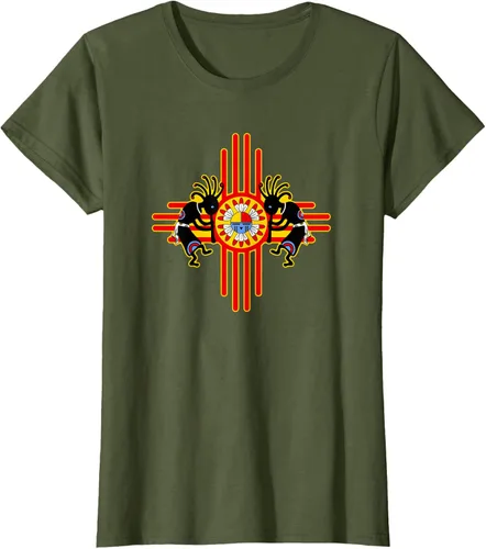 Vista 88 de Native American Kokopelli Kachina Zia Symbol 2 - Camiseta divertida para fanáticos, Negro