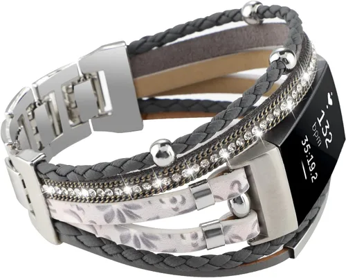Vista 12 de Elegante correa de cuero compatible con Fitbit Charge 4 Charge 3, pulseras bohemias para mujer, pulseras de joyería multicapa de repuesto para Negro