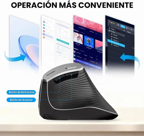 Vista 4 de Ratón óptico ergonómico vertical inalámbrico 2.4G Bluetooth Ratón vertical inalámbrico 4 ajustable 1000/1600/2400/3200 DPI Ratón inalámbrico Negro