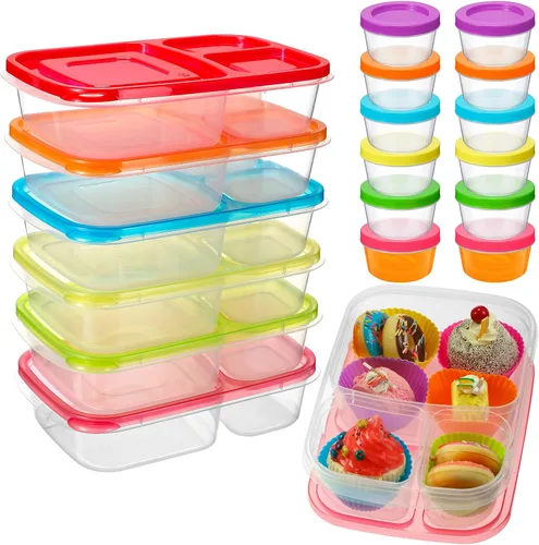 Vista 2 de Tanlade Lonchera Bento reutilizable de 37 onzas, 6 unidades, 3 compartimentos, recipientes de plástico para preparación de comidas, 12 recipientes