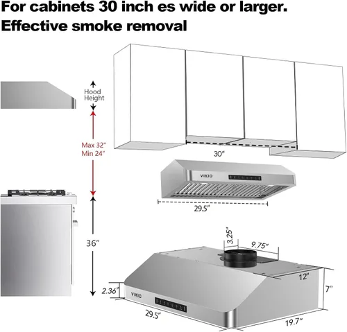Vista 7 de VIKIO HOME Campana extractora de 30 pulgadas bajo gabinete, campana de cocina con 980 CFM, sensor de gestos de 3 velocidades y panel de control