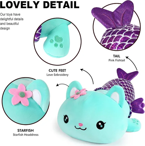 Vista 3 de Onsoyours Lindo gatito sirena de peluche de gatito, suave almohada de felpa de gato sirena para niños (sirena de gato azul, 12 pulgadas)