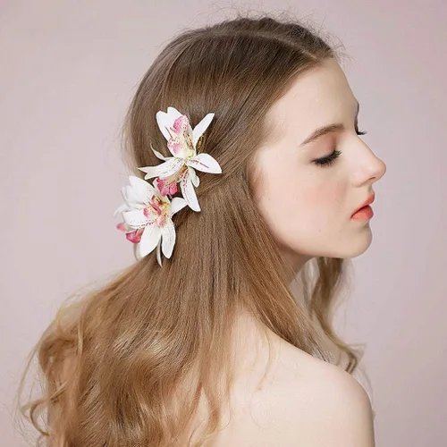 Vista 3 de Pinza para el pelo de orquídea Cymbidium crema y fucsia para mujer (paquete de 6), Multicolorido