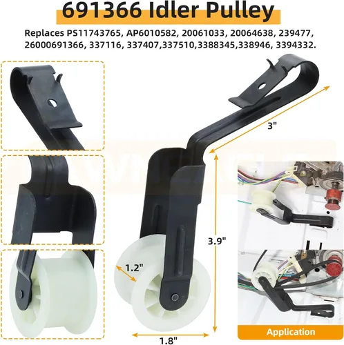 Vista 5 de WPW10314173 Kit de soporte de tambor de rodillo para secadores Whirlpool Maytag Includes WPW10314173 Roller Drum Support Kit with WP691366 Idler