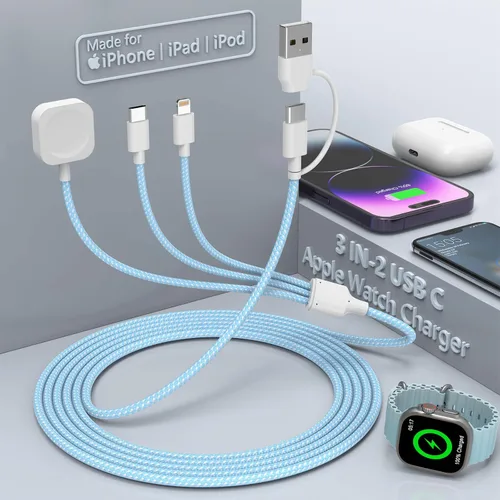 Vista 2 de Travel Essentials - Cable de carga 3 en 2 para cargador de Apple Watch, cargador de iPhone, cable de carga rápida USB C compatible con iWatch Series