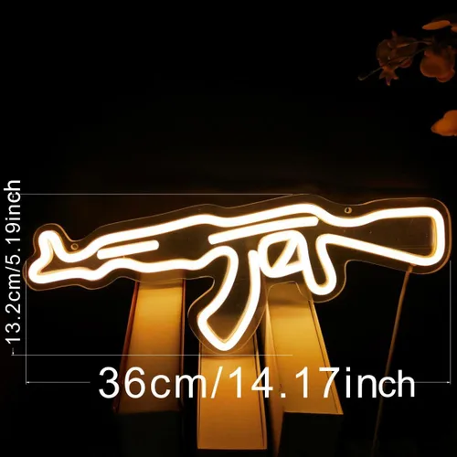 Vista 6 de Letrero de neón AK47Gun, arte de pared LED en forma de pistola, luz de neón LED alimentada por USB para decoración de pared en cueva de hombre, sala