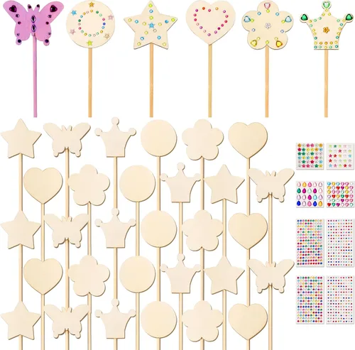 Vista 8 de El kit de varitas de hadas de princesa Pllieay incluye 18 piezas de 6 estilos de varita de princesa de madera sin terminar, coronas de papel dorado
