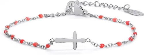 Vista 21 de Pulsera de Cuentas con Cruz Chapada en Oro de 14K para Mujeres, Pulsera de Acero Inoxidable Ajustable con Cruz de Fe Religiosa, Pulsera de Cadena