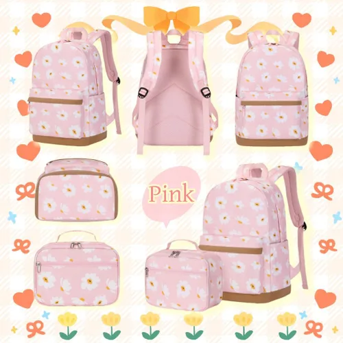 Vista 10 de 3 piezas de mochila con estampado de margaritas para niños, mochila de escuela primaria, mochila para estudiantes de primaria, mochila para Negro