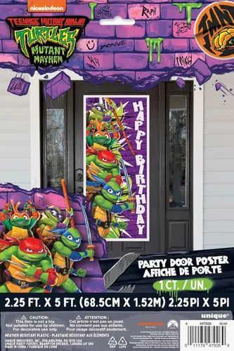 Vista 3 de Póster de cumpleaños de las Tortugas Ninja Mutantes Adolescentes – 27 x 60 pulgadas, 1 unidad Llamativa decoración de fiesta para fiestas