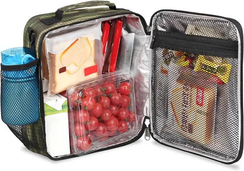 Vista 5 de Pardick Lonchera con aislamiento de camuflaje para niños y estudiantes, lonchera con soporte para comidas, color verde camuflaje, bolsa térmica
