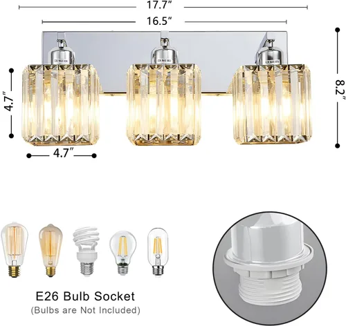 Vista 5 de Moderna lámpara de tocador de baño de 3 luces de cristal cromado moderno sobre espejo cromado iluminación de tocador de cristal aplique de pared