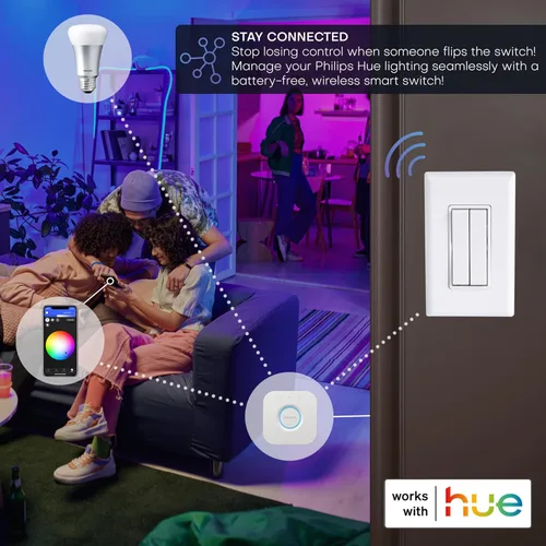 Vista 2 de RunLessWire Haga clic para Philips Hue – Interruptor de luz inteligente inalámbrico sin batería, rango de 30 pies – Funciona de forma nativa