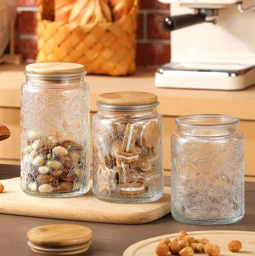Vista 3 de Custde Tarros de almacenamiento de vidrio con tapa hermética, recipiente de 35 onzas para encimera de cocina con tapa de bambú, azúcar morena