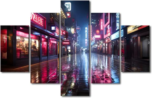 Vista 111 de Póster de 5 paneles en lienzo para decoración de pared, diseño de centro urbano Cyberpunk, impresión moderna, decoración de pared para el hogar