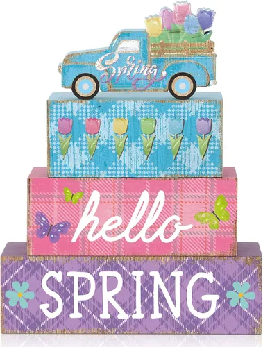 Vista 12 de 4 piezas de decoración de mesa de Pascua con texto en inglés «Happy Easter Every Bunny», letrero de madera de conejito pastel, bloques de madera