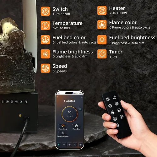 Vista 2 de Juego de troncos de chimenea eléctrica independiente WiFi de 24.5", calentador insertable de chimenea con temporizador de 9H, termostato, 6