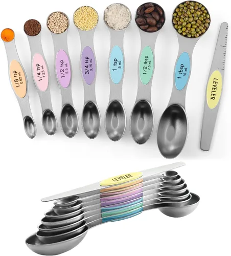 Vista 13 de ChefAide Paquete de 8 Cucharas Medidoras Magnéticas de Acero Inoxidable, de Doble Cara, Apilables, Cucharadita y Cucharada Medidoras Ajustables